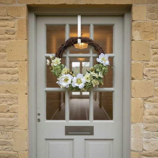 Key Lime Pie Wreath on Pale Grey Door with White Hanger