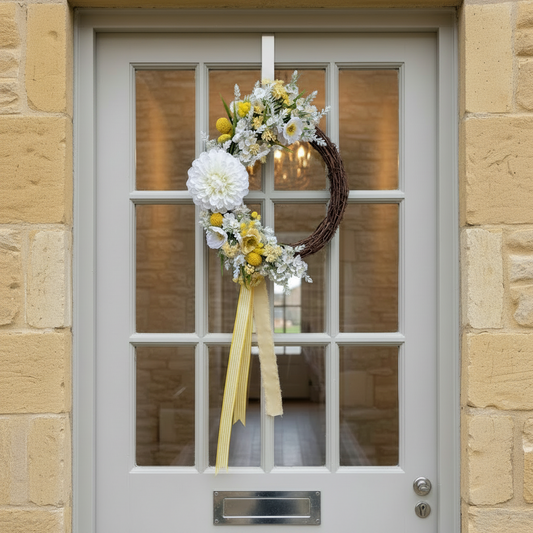 Lemon Meringue Pie Wreath on Pale Grey Door