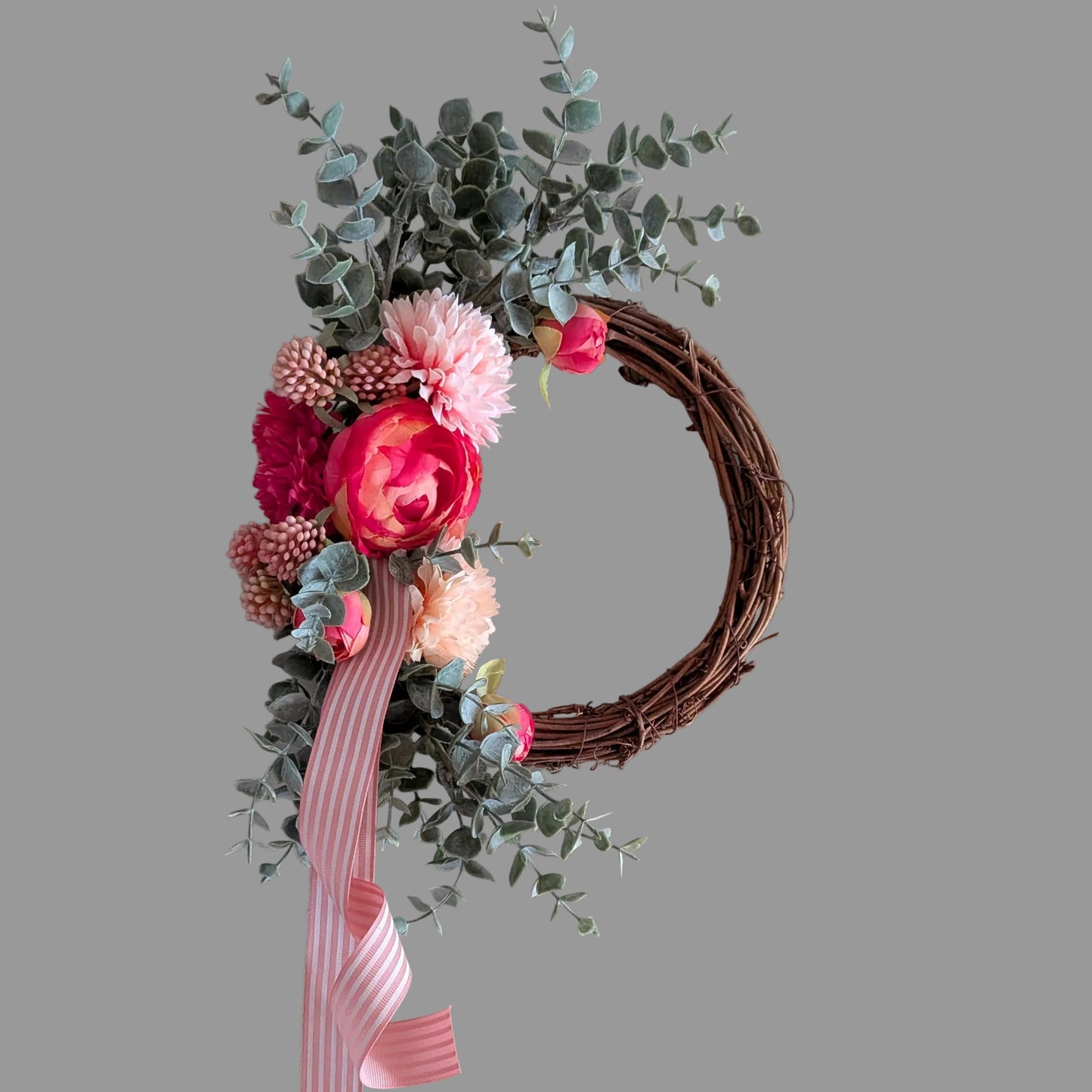 Rhubarb & Custard wreath on a 20 cm grapevine base