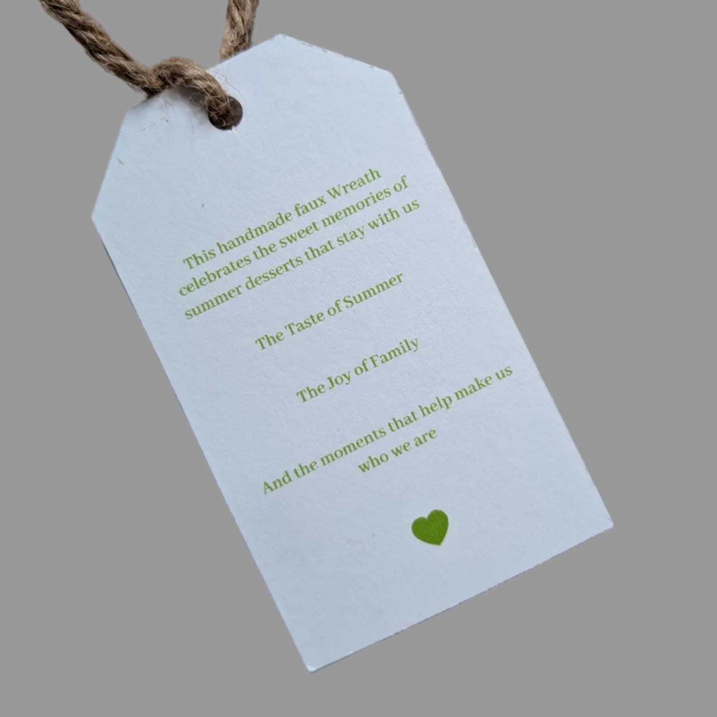 Close up of the back of the Key lime Pie tag with a natural jute twine
