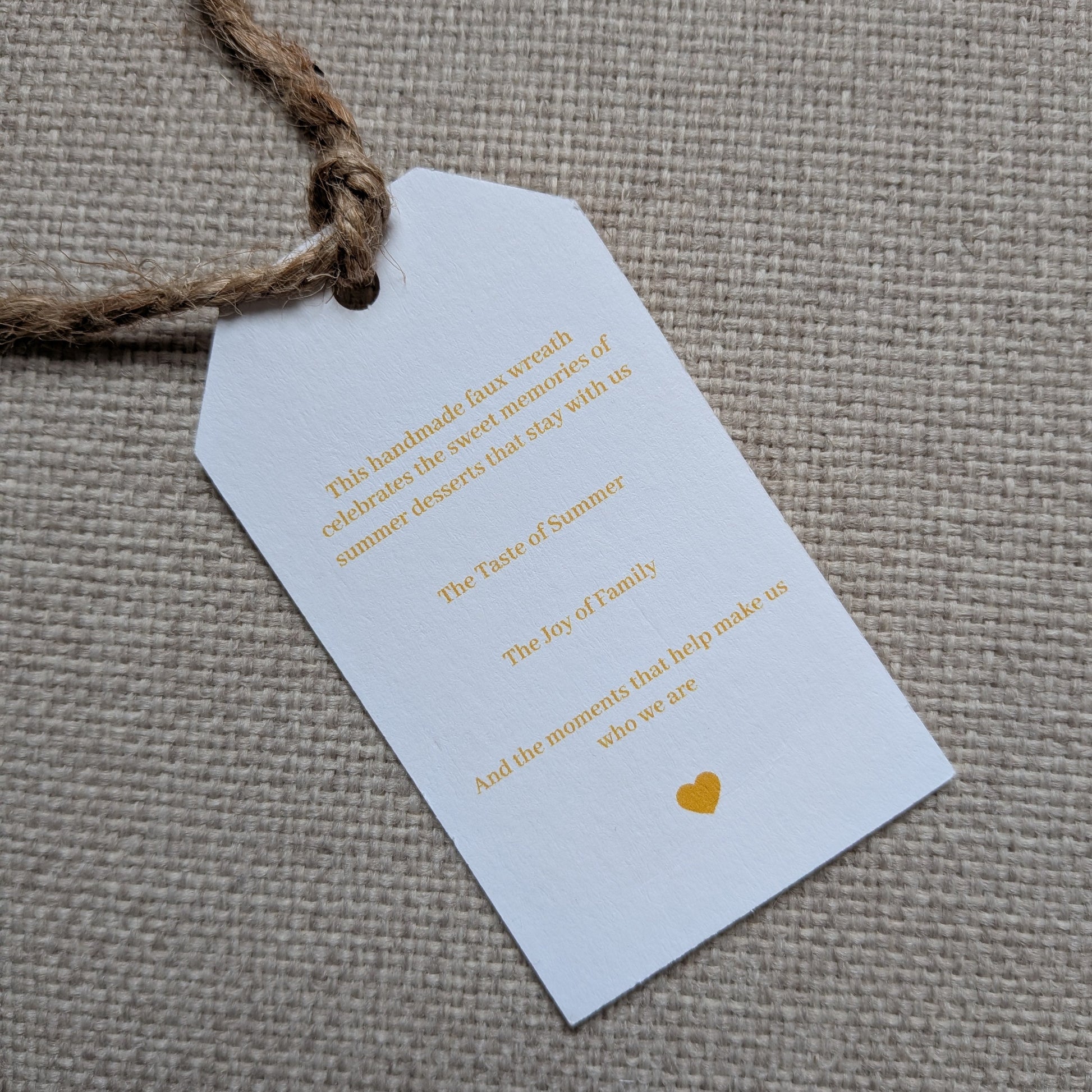 Close up of the back of the Lemon Meringue Pie tag with natural jute twine