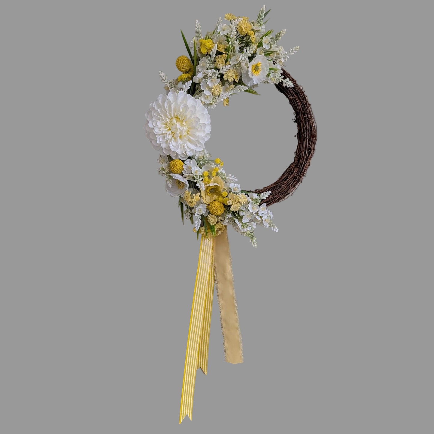 Lemon Meringue Pie 30cm wreath - with lemon and white faux flowers and lemon stripped ribbon and lemon chiffon ribbon