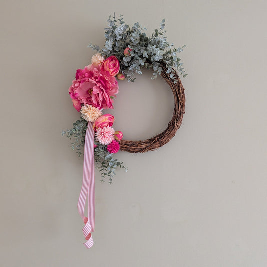 Rhubarb & Custard wreath - featuring faux pink and vanilla coloured flowers on a 30cm grape vine base