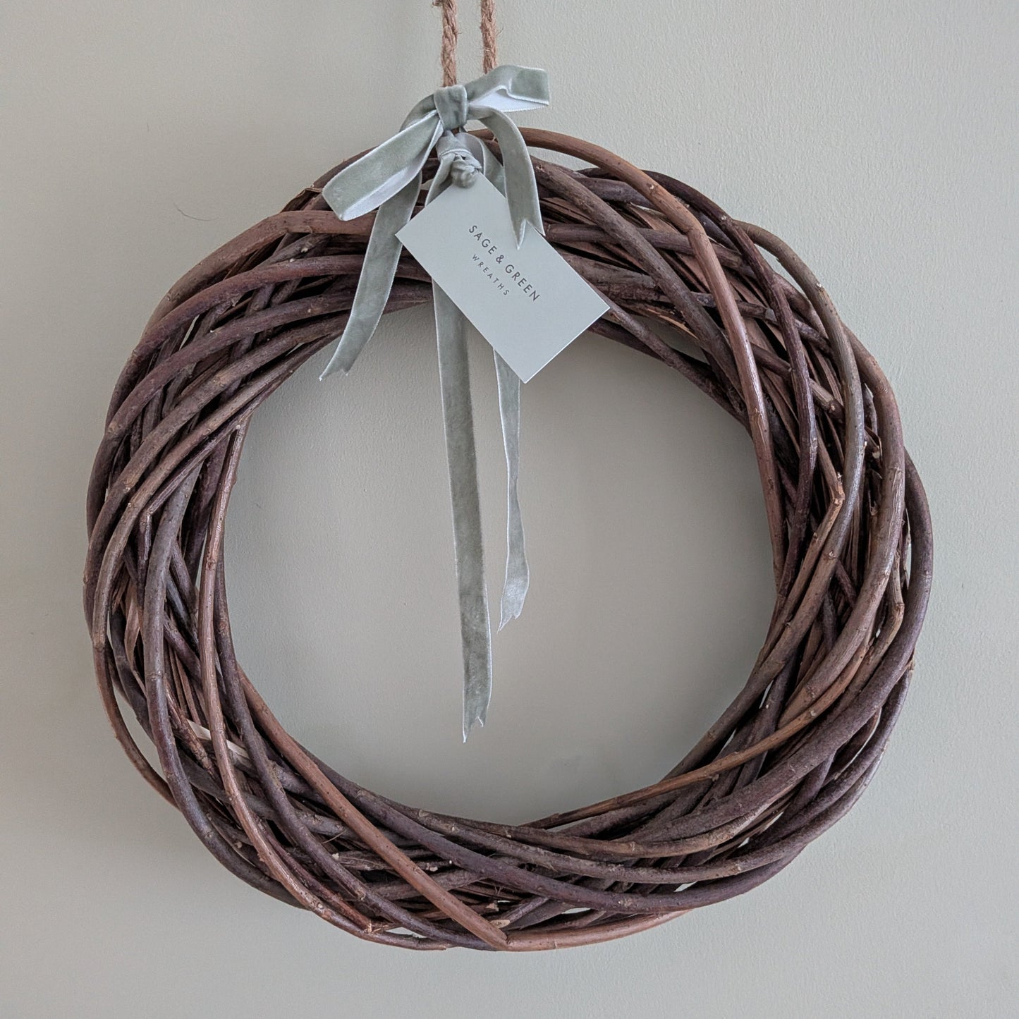 Natural Brown Willow wreath 35cm, with velvet sage green ribbon and tag - part of our Inspired by Nature range