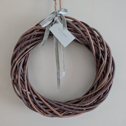 Natural Brown Willow wreath 35cm, with velvet sage green ribbon and tag - part of our Inspired by Nature range