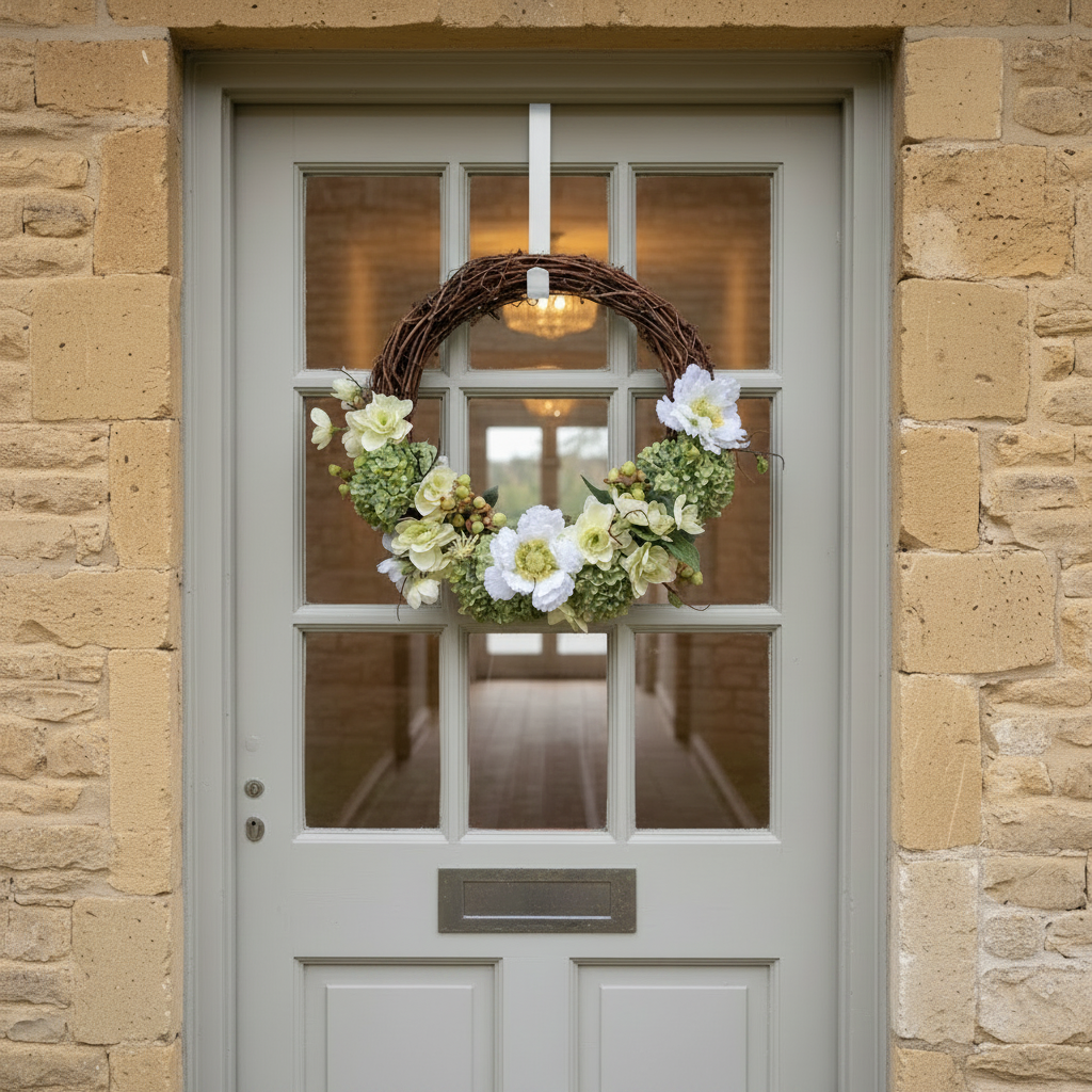 Elegant white metal wreath hanger on a pale grey Cotswold cottage door with decorative wreath