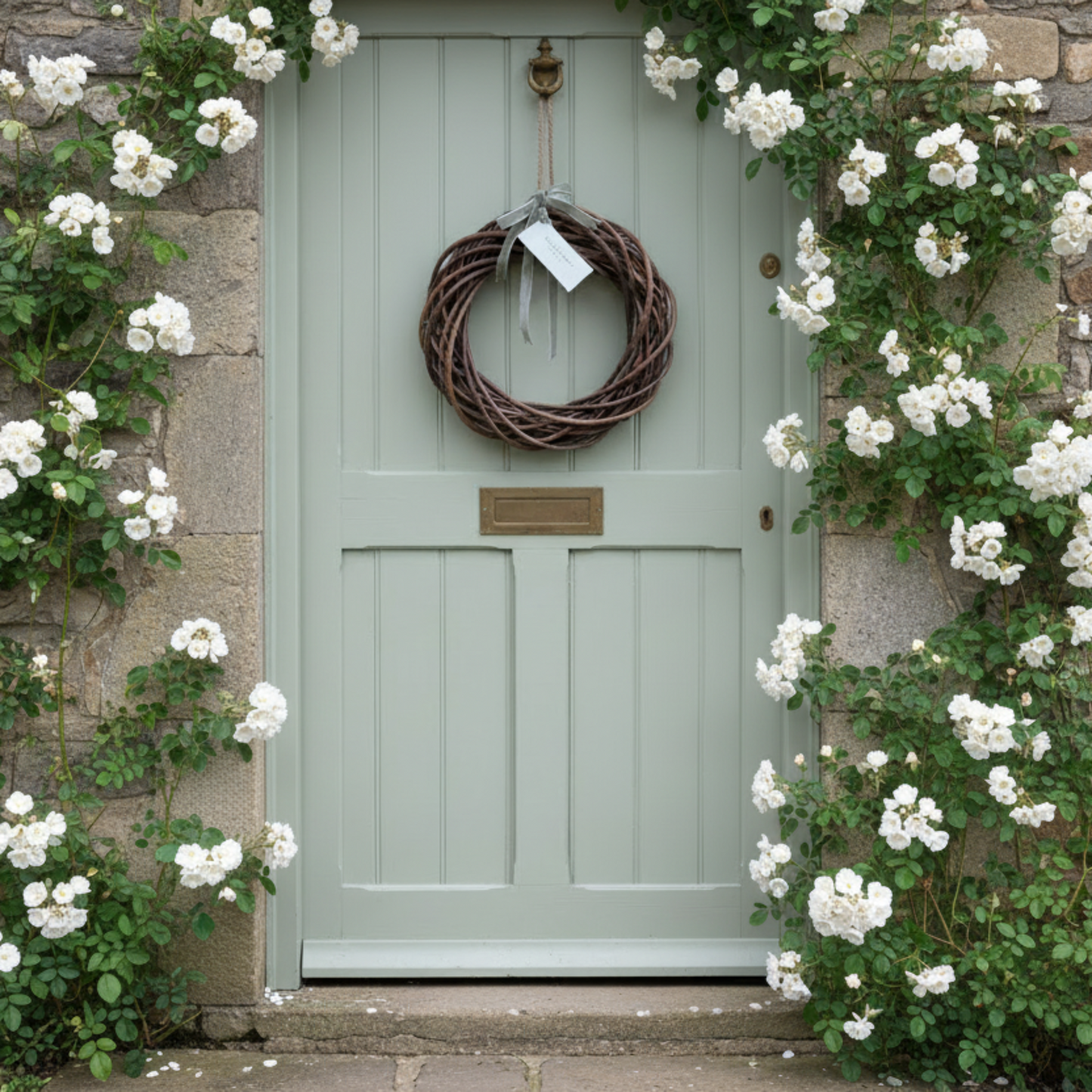 Natural brown willow wreath with sage velvet ribbon and tag hanging on a pale sage green cottage door with white climbing roses
