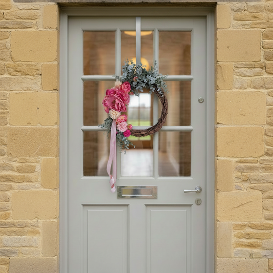 Rhubarb and Custard Wreath hanging on pale grey door with white wreath hanger with a candy stripe pink ribbon