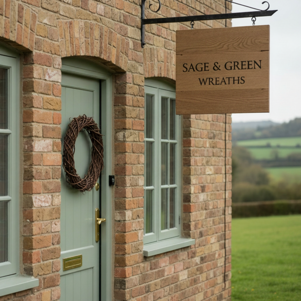 Natural brown willow wreath base hanging on a sage green arched cottage door