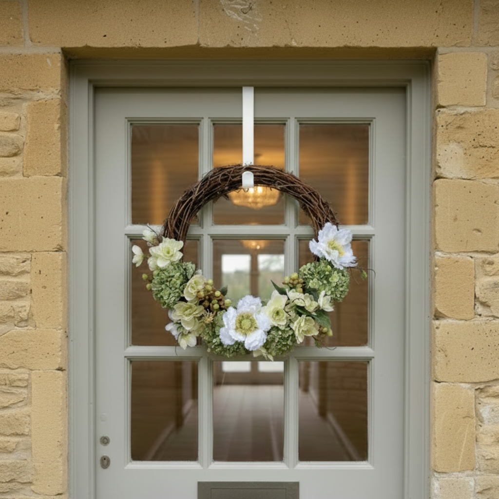 Key Lime Pie Wreath on Pale Grey Door with White Hanger