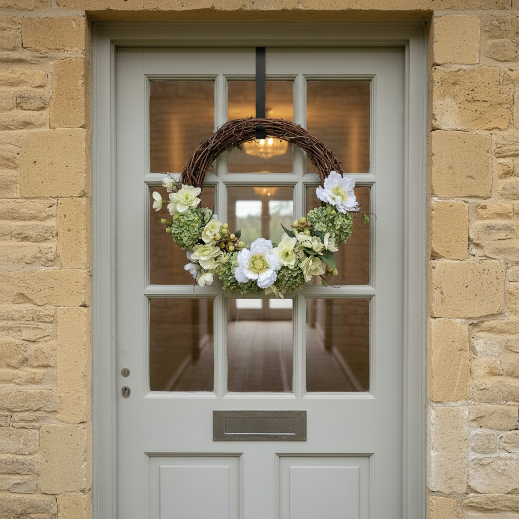 Key Lime Pie Wreath with Black Hanger on a pale grey cotswold cottage door
