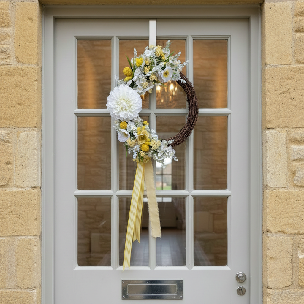 Lemon Meringue Pie Wreath on Pale Grey Door