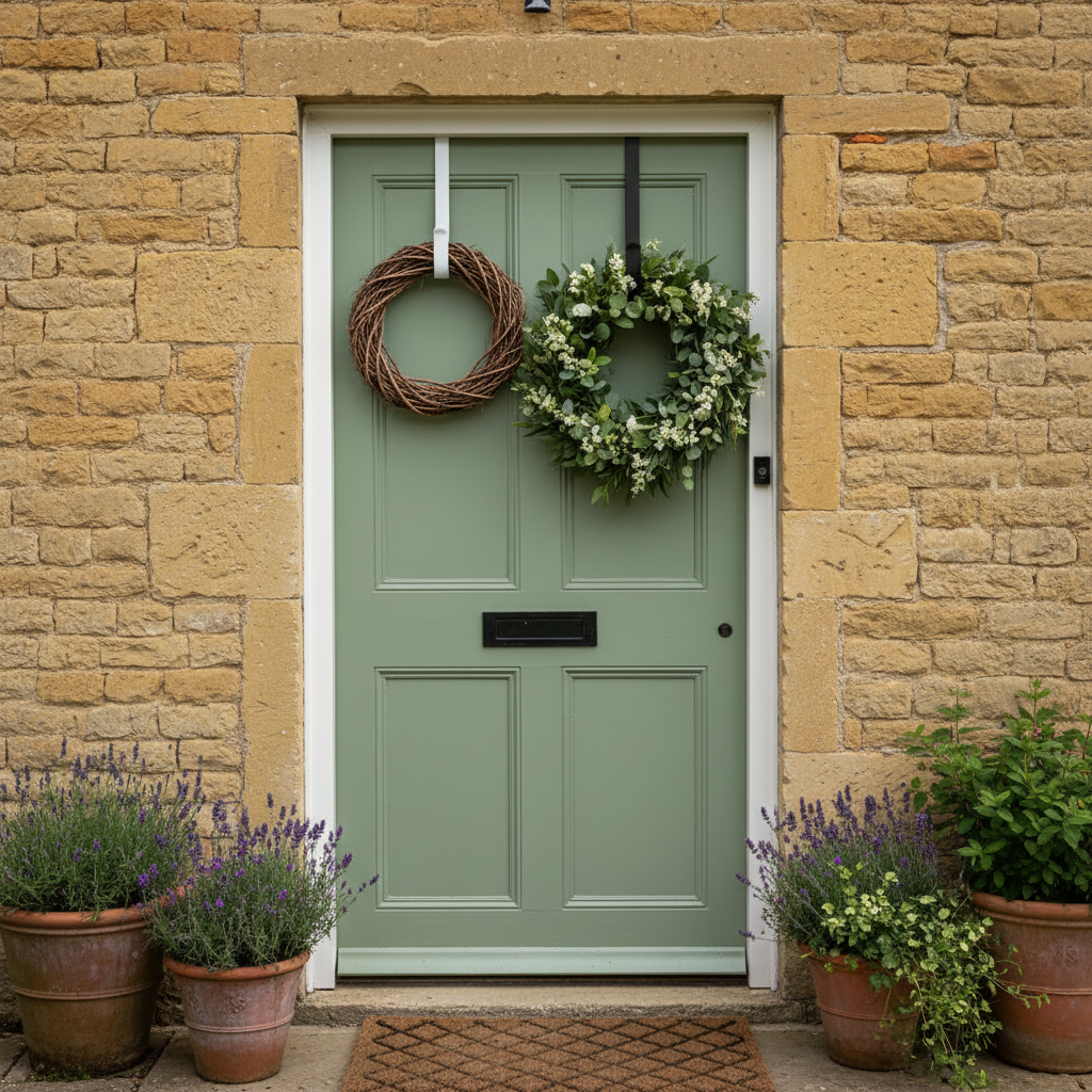 White and Black Wreath Hangers on Sage Green Door